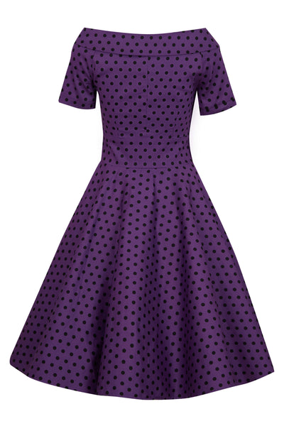 Retro Polka Dot Swing Dress in Purple back