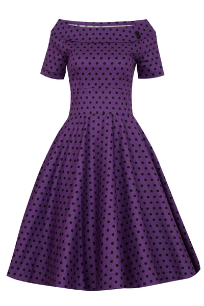 Retro Polka Dot Swing Dress in Purple front