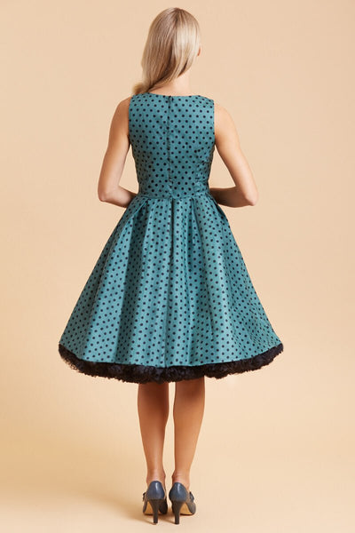 Retro Polka Dot Tea Dress in Green and Black back view