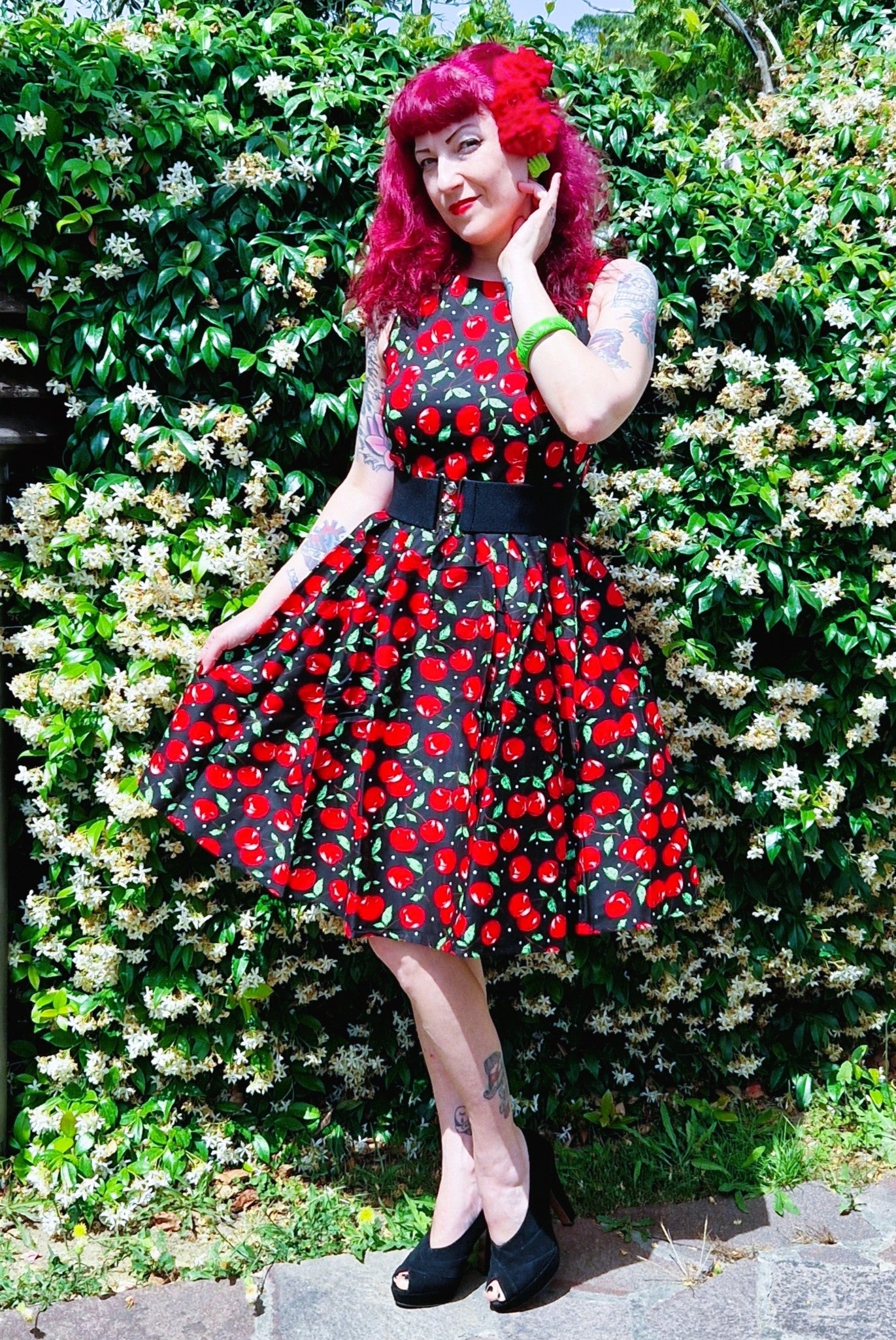 Annie Retro Swing Dress in Black/Red Cherry Print