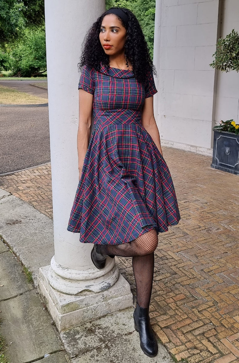 1950s Retro Off Shoulder Swing Dress in Navy Red Tartan