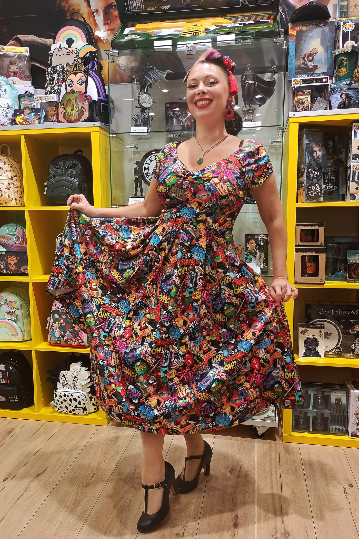 missbunnyceline wearing Off-The-Shoulder 50s Full Circle Dress in Pop Art Print