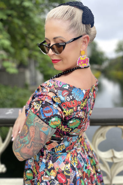 Off-The-Shoulder 50s Full Circle Dress in Pop Art Print