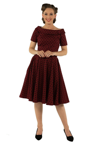 Retro Polka Dot Swing Dress in Burgundy-Black