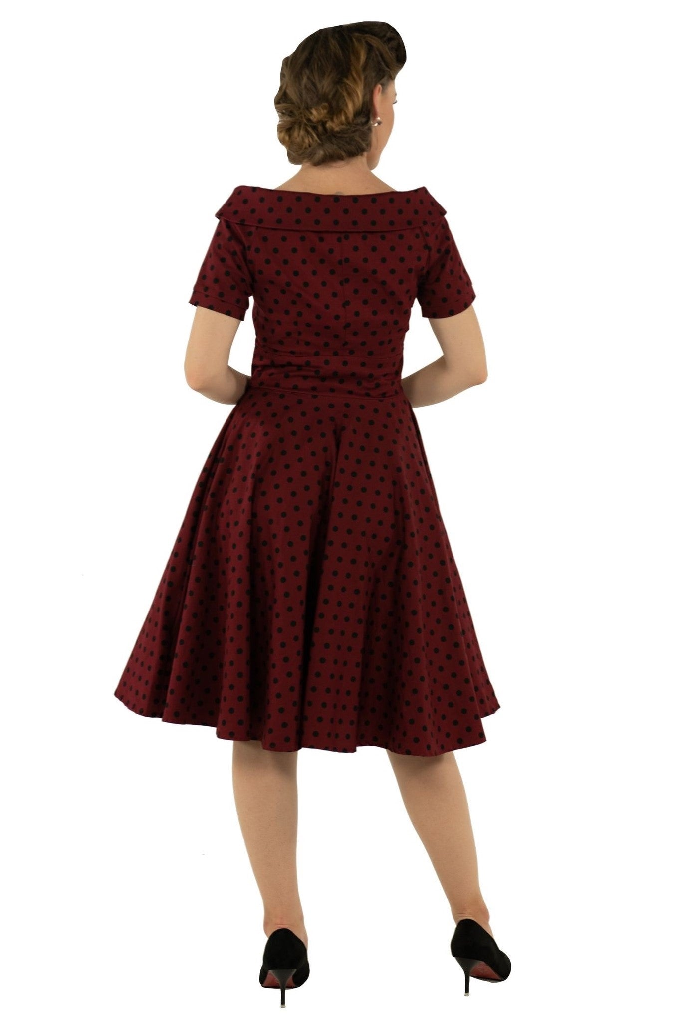 Retro Polka Dot Swing Dress in Burgundy-Black