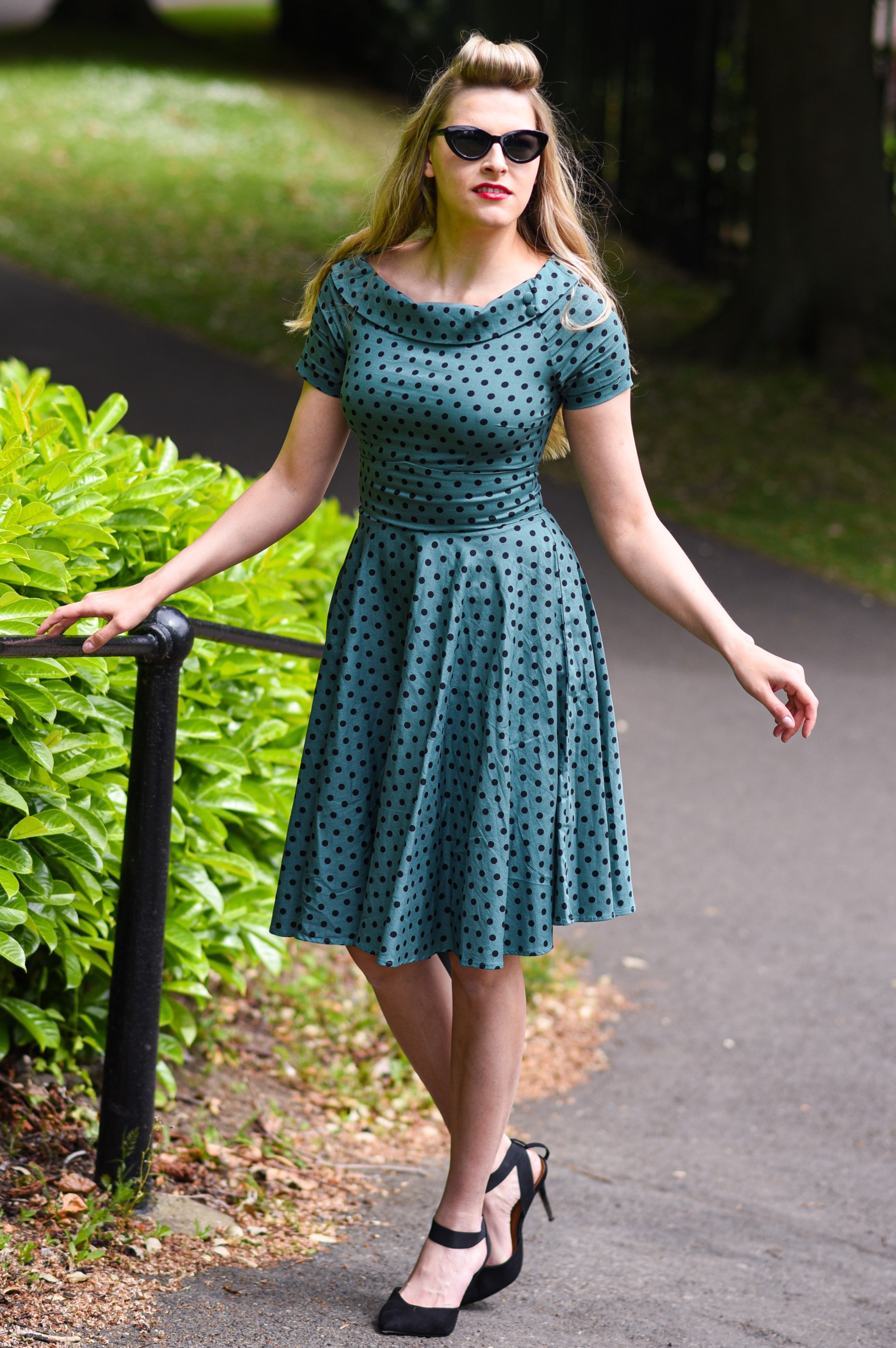 Darlene Retro Polka Dot Swing Dress in Dark Green