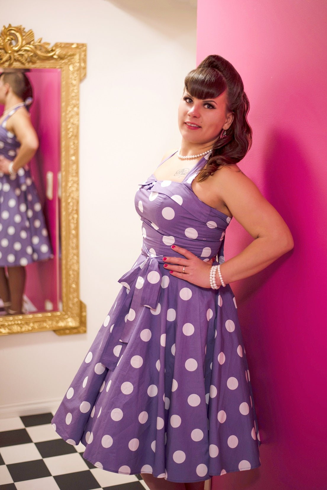  Rockabilly 1950's Halterneck Dress in Purple Polka Dots