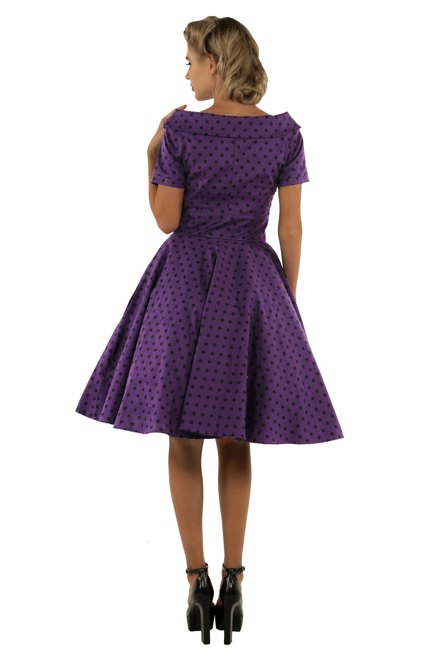 Darlene Retro Polka Dot Swing Dress in Purple