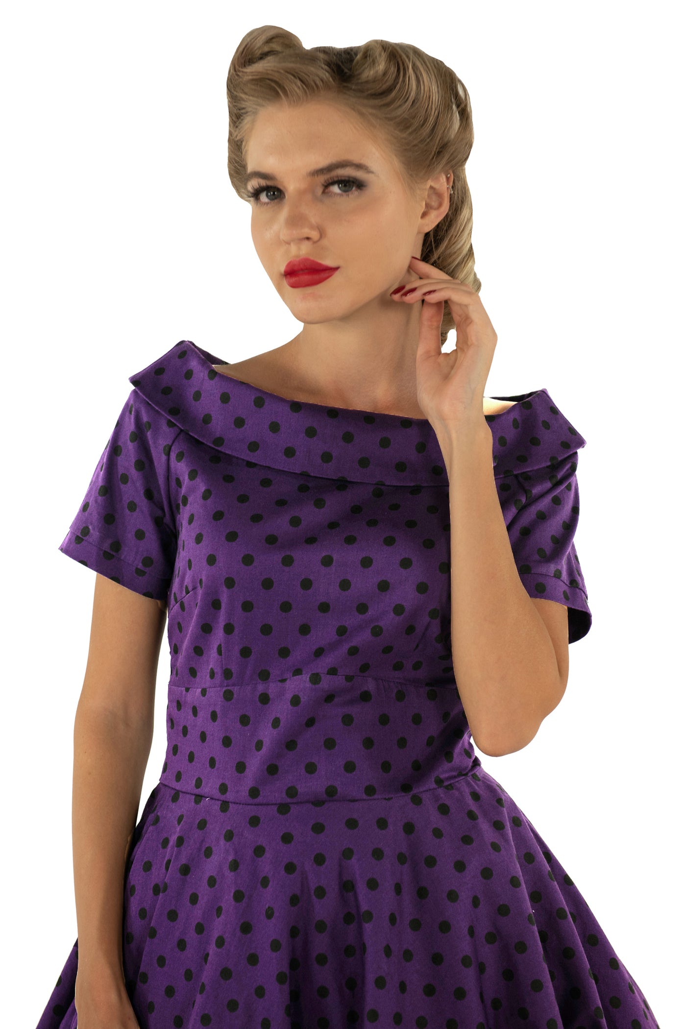 Darlene Retro Polka Dot Swing Dress in Purple