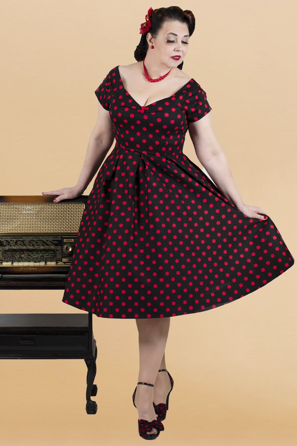 Lily Rockabilly Sleeve Swing Dress In Black/Red Polka Dot Print