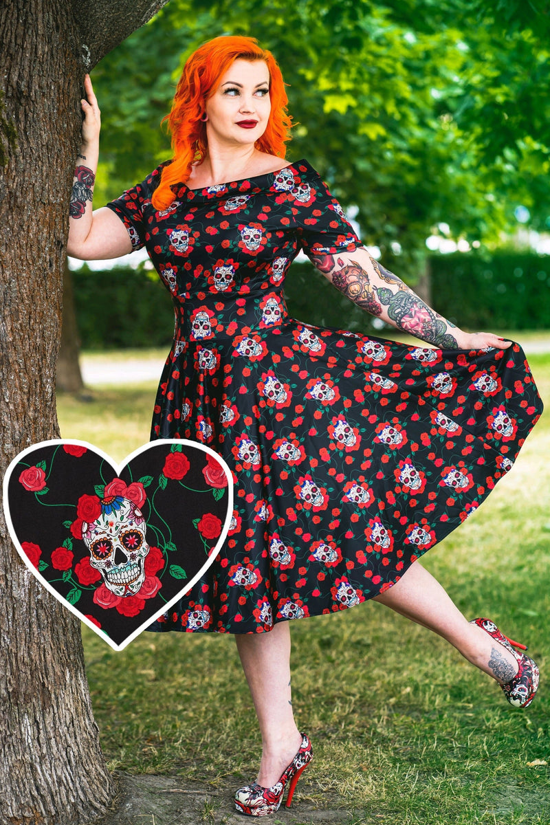 Darlene Black Rockabilly Skull & Red Roses Swing Dress Darlene Black Rockabilly Skull & Red Roses Swing Dress