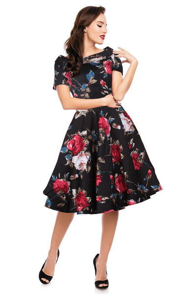 Rockabilly Floral Roses Swing Dress in Black