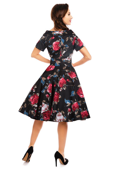 Rockabilly Floral Roses Swing Dress in Black