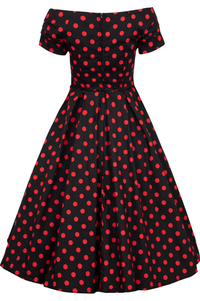 Women's Rockabilly Polka Dot Off Shoulder Swing Dress In Black & Red
