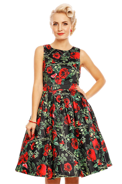 Rose Thorns Floral Retro Dress in Black