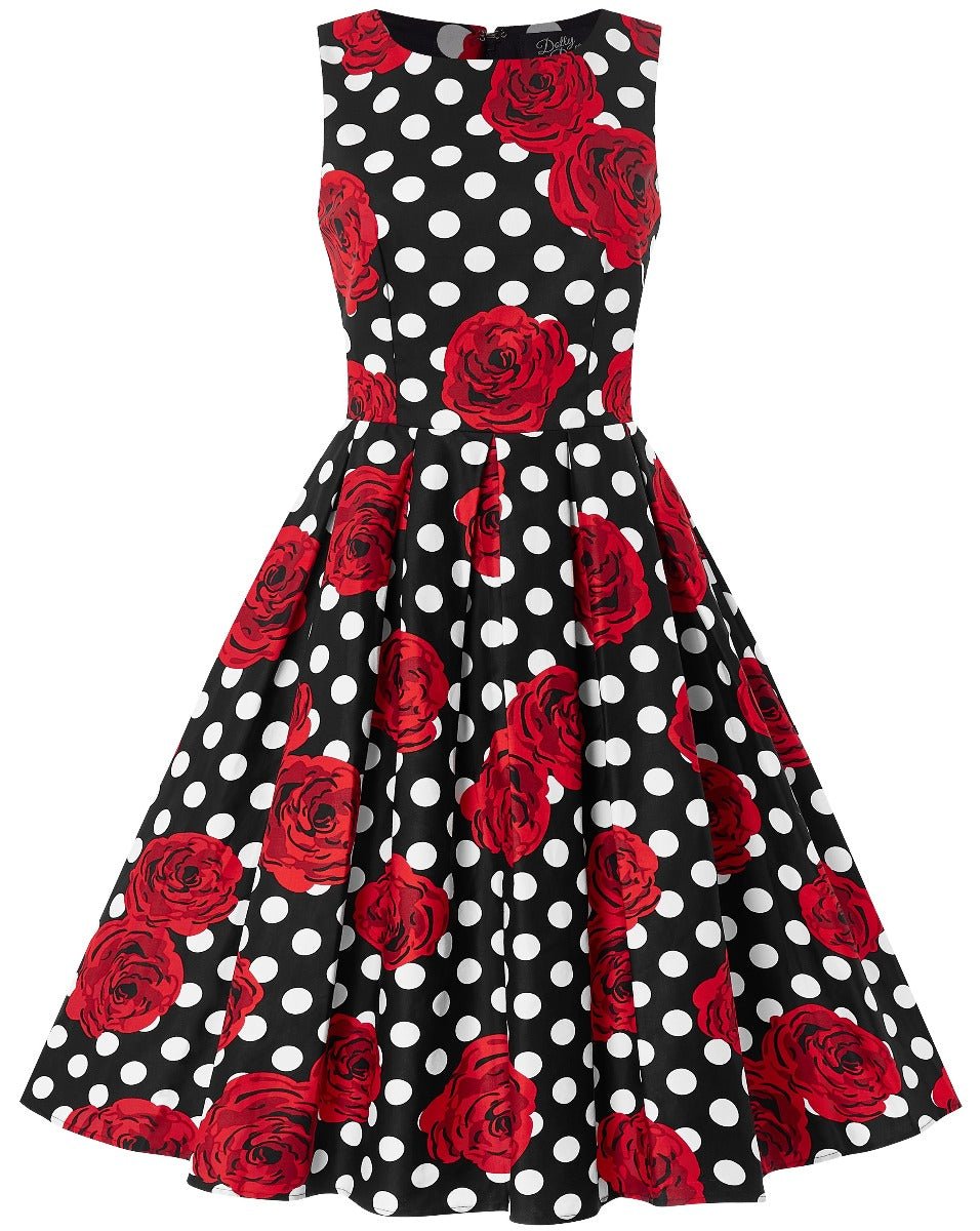 Annie retro dress in black/red roses and white spot print, front view