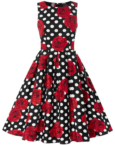 Annie retro dress in black/red roses and white spot print, front view