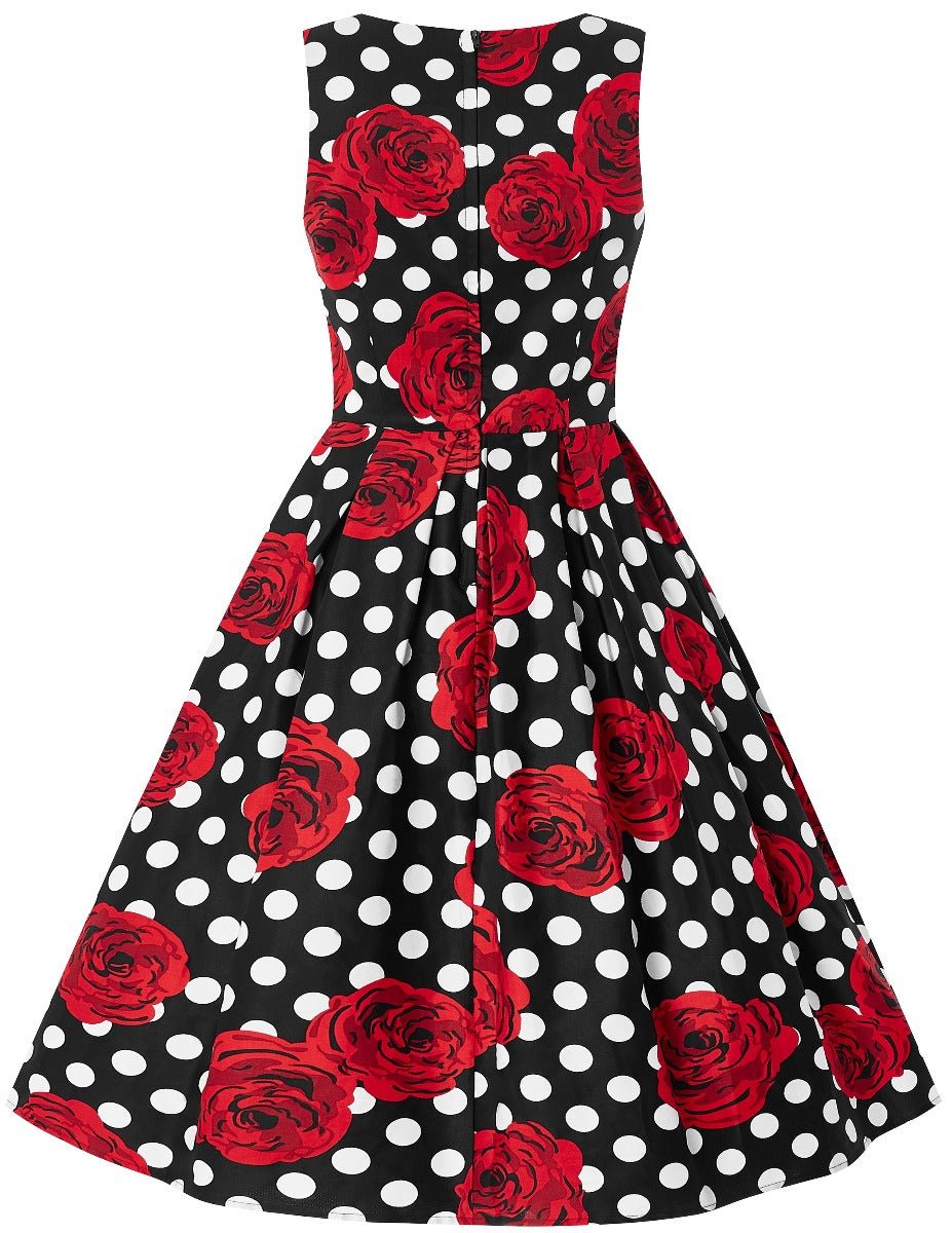 Annie retro dress in black/red roses and white spot print, back view