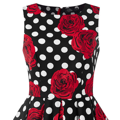 Retro Swing Dress in Black/Red Rose and white Spot Print