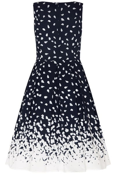 Sleeveless Annie swing dress, in navy blue, with white brushstrokes, back view