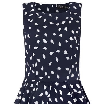 Sleeveless Annie swing dress, in navy blue, with white brushstrokes, top view