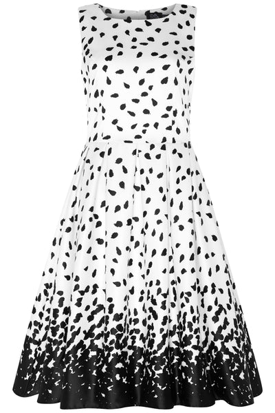 White Annie swing dress, with black brush strokes, front view
