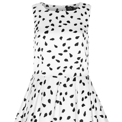 White Annie swing dress, with black brush strokes, close up