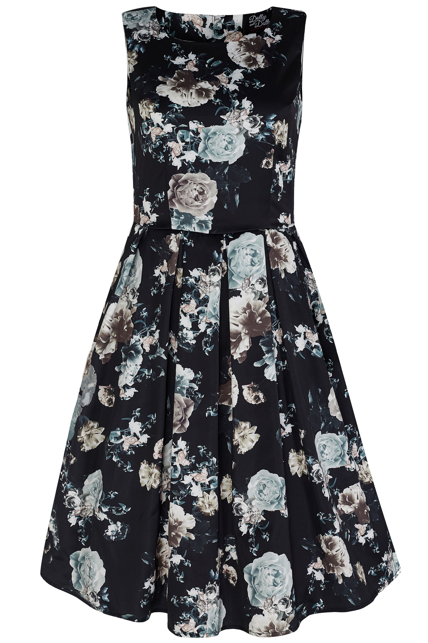 Annie Raising Floral Swing Dress in Black with White Roses
