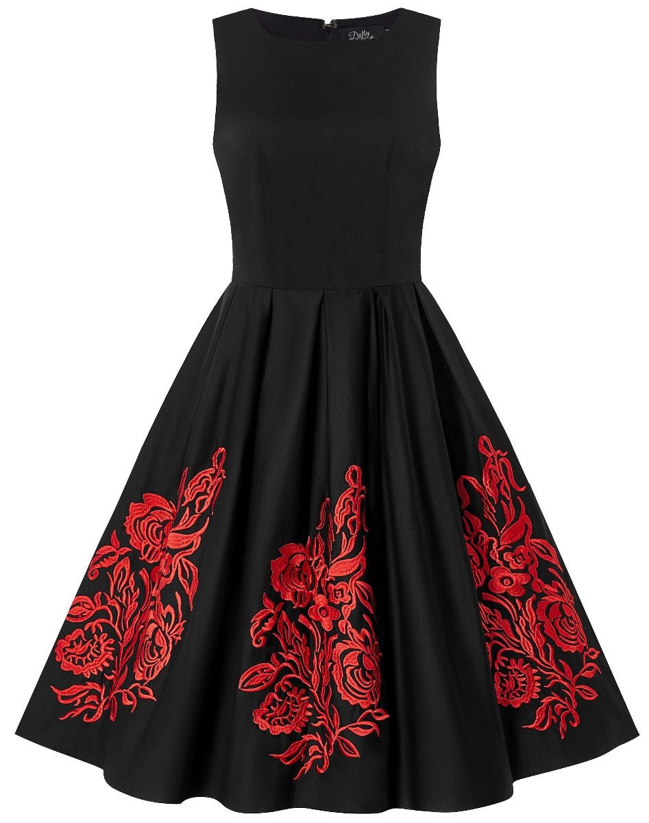 Annie Embroidered Roses Swing Dress in Black/Red, front view