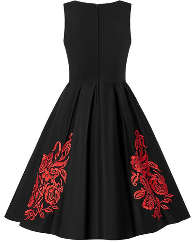 Annie Embroidered Roses Swing Dress in Black/Red, back view