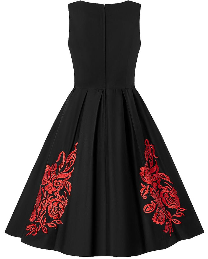 Annie Embroidered Roses Floral Swing Dress in Black/Red Annie Embroidered Roses Floral Swing Dress in Black/Red