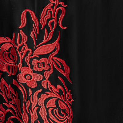 Annie Embroidered Roses Swing Dress in Black/Red, close up