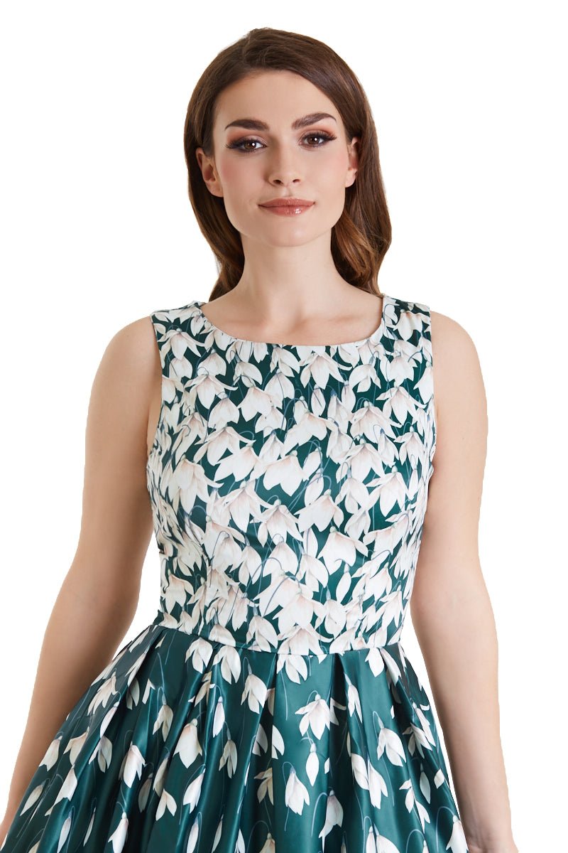 Annie Retro Flared Dress in Myrtle Green with Snowdrop Tulip Print