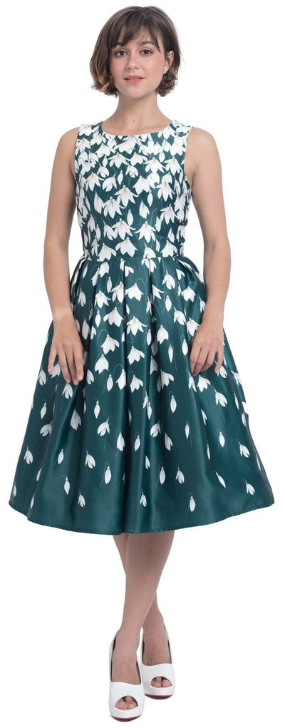 Annie Retro Flared Dress in Myrtle Green with Snowdrop Tulip Print