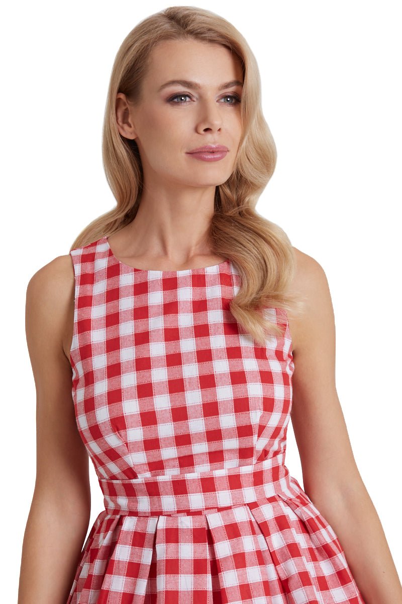 Model wearing red white gingham check print swing dress close up