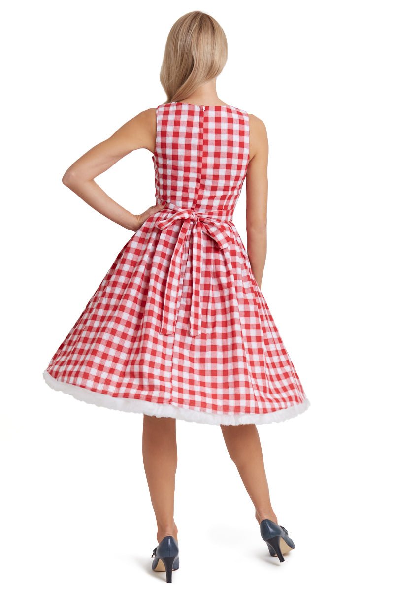 Model wearing red white gingham check print swing dress back view