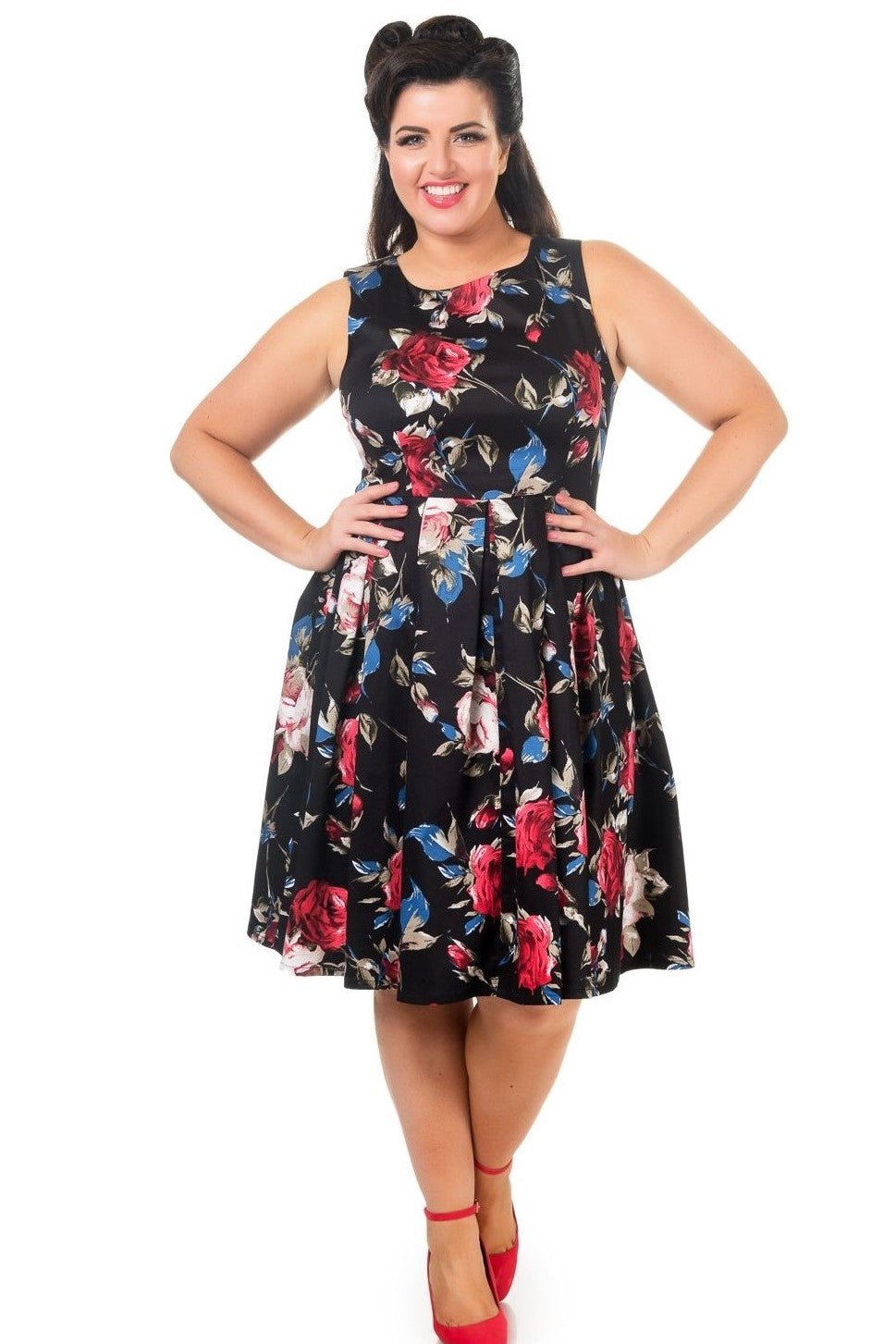 Model wearing our Annie dress in black floral print
