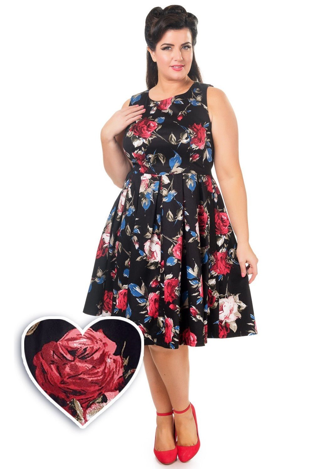 Model wearing our Annie dress in black floral print