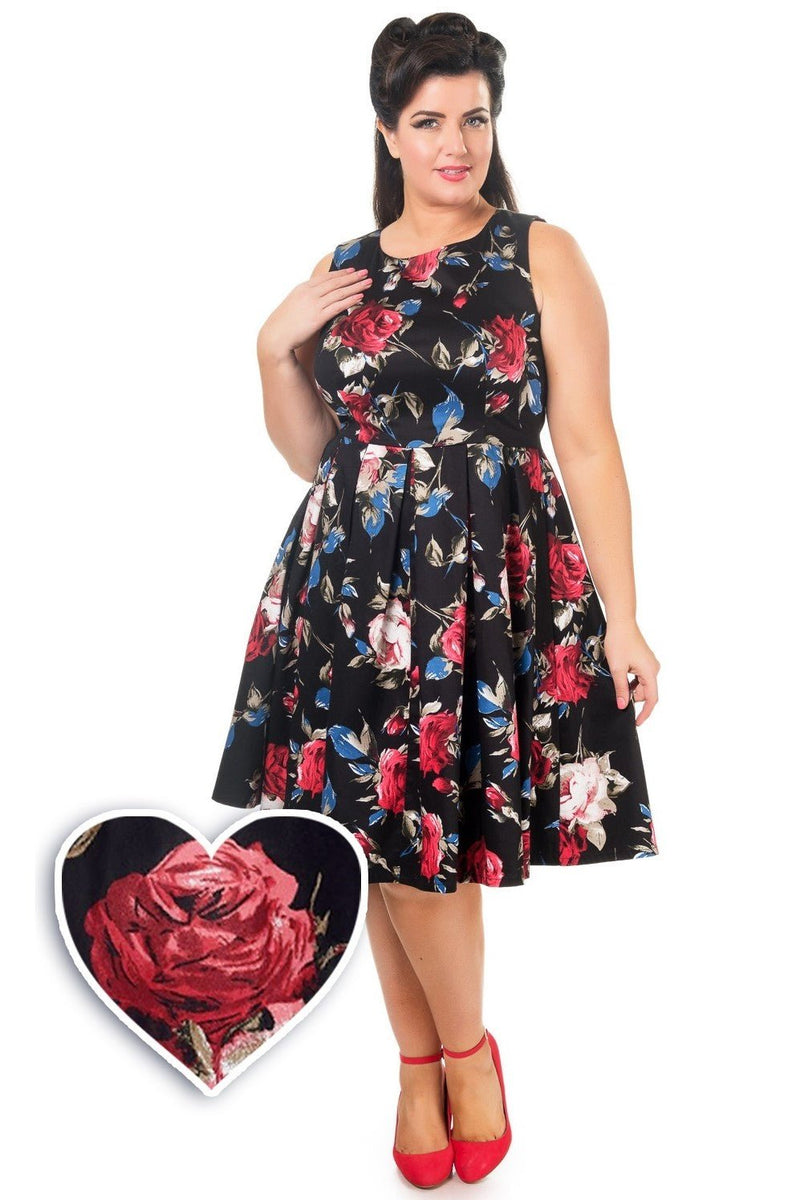 Model wearing our Annie dress in black floral print