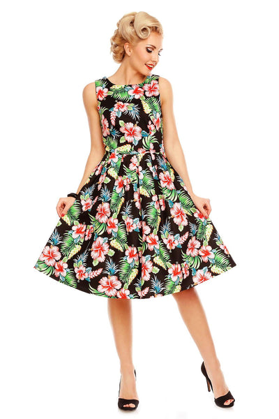 Model wearing our Annie dress, in black/pink orchid floral print, front view