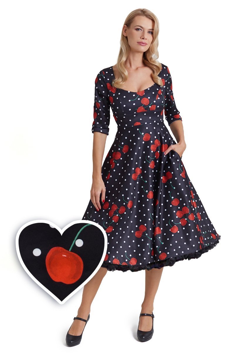 Scarlette Long Sleeved Black Red Cherry Midi Dress1