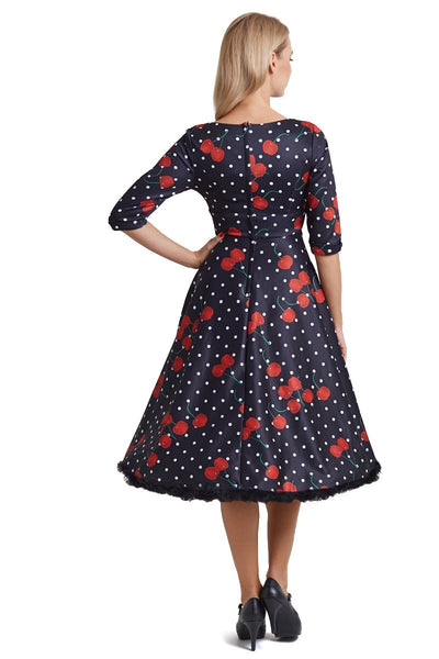 Scarlette Long Sleeved Black Red Cherry Midi Dress4