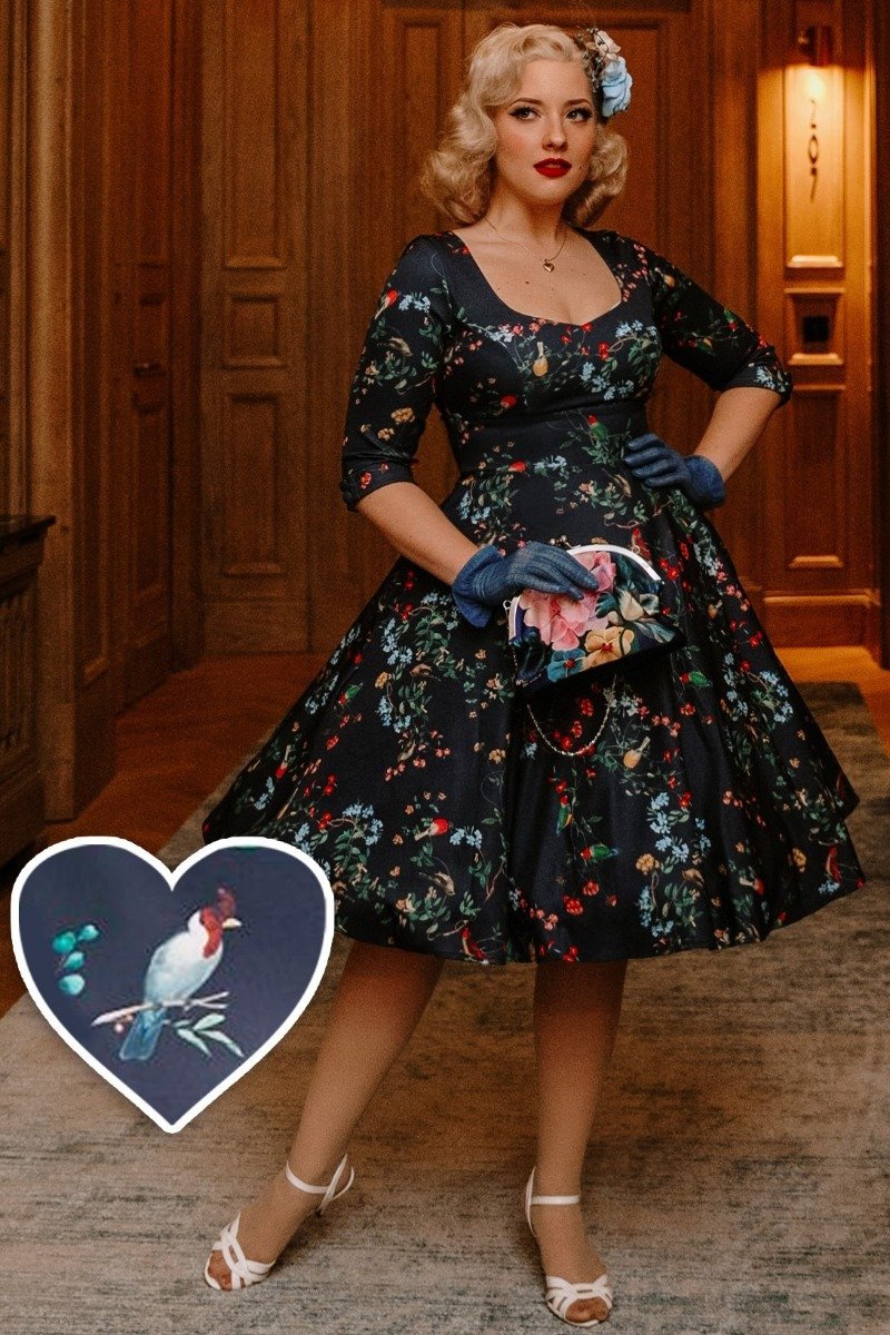 Scarlette Long Sleeved Navy Bird Print Midi Dress1