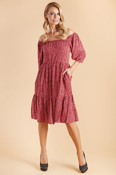 Floaty Day Dress in Burgundy Polka Dots - front