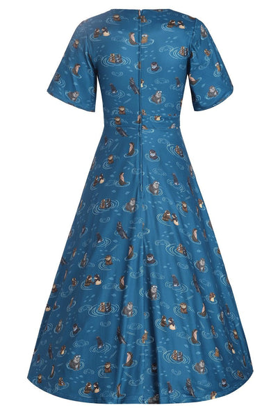 Teal Blue Petal Sleeved Flared Dress In Otter Family Print