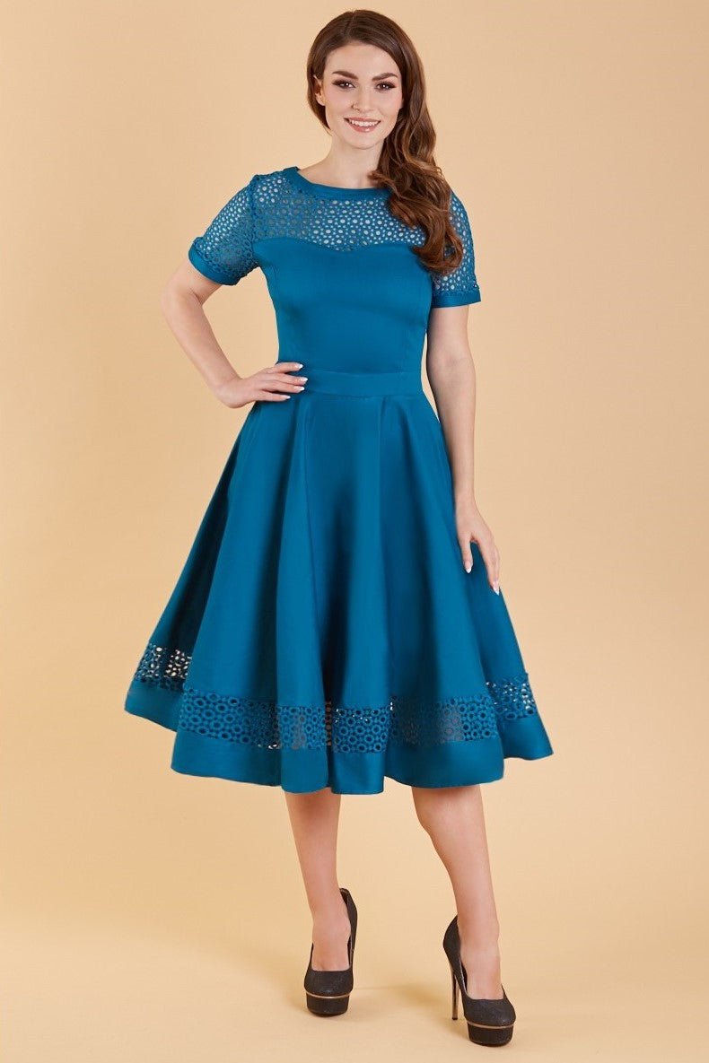 Woman's Lace Sleeved Dress in Peacock Blue