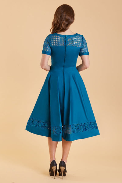 Woman's Lace Sleeved Dress in Peacock Blue