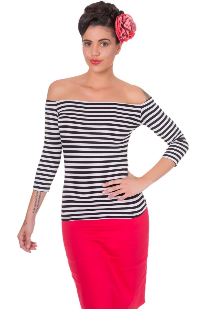Model wearing our Gloria off-shoulder black and white striped top, front view