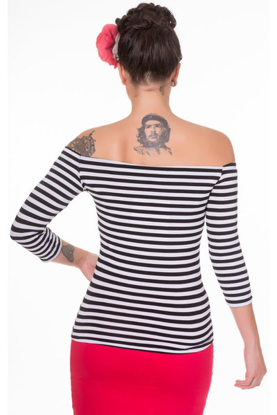 Model wearing our Gloria off-shoulder black and white striped top, back view