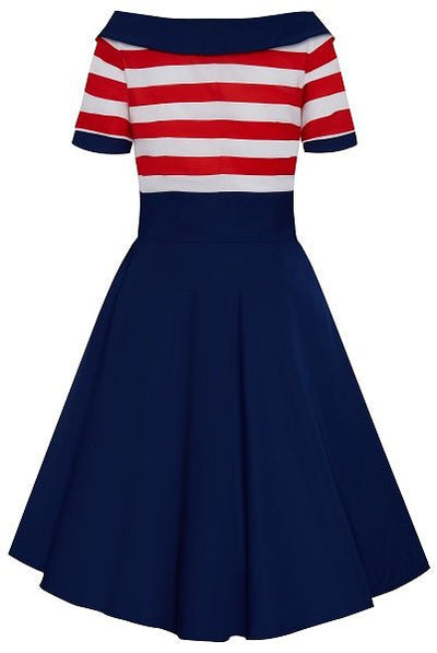 Darlene short sleeve dress in navy blue, with red and white stripes, back view
